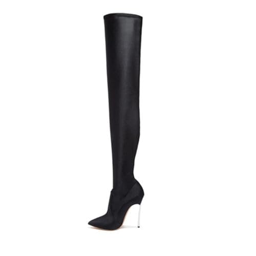 BAIRUNDA Overknee Stiefel Für Damen, Elastische Stoffstiefel Große Damen-hohe Stiefel, Stilettos Hohe Absätze Zum Anziehen Spitze Zehen Lange Stiefel, 12cm/4.72 Inch, 42 EU,Black von BAIRUNDA