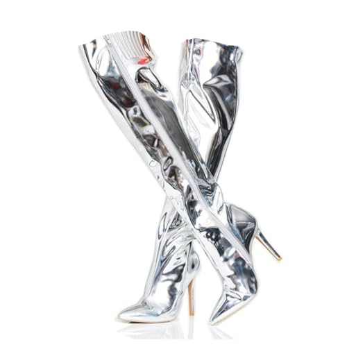 BAIRUNDA Overknee Stiefel Für Damen, Hohe Damenstiefel Aus Lackleder Große Größe Seitlicher Reißverschluss Stilettos Hohe Absätze Spitze Zehen, Lange Stiefel, 12cm/4.72 Inch, 40 EU,Silver von BAIRUNDA