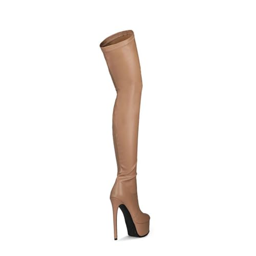 BAIRUNDA Overknee Stiefel Für Damen, Hohe Damenstiefel Einfarbig Stilettos, Hohe Absätze Dicker Boden Wasserplattform Lange Stiefel Für Modenschau, Party, 15cm/5.90inch, 36 EU, Apricot von BAIRUNDA