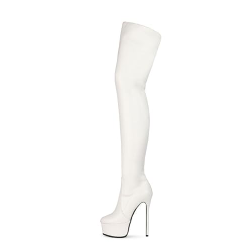 BAIRUNDA Overknee Stiefel Für Damen, Hohe Damenstiefel Einfarbig Stilettos, Hohe Absätze Dicker Boden Wasserplattform Lange Stiefel Für Modenschau, Party, 15cm/5.90inch, 37 EU, White von BAIRUNDA