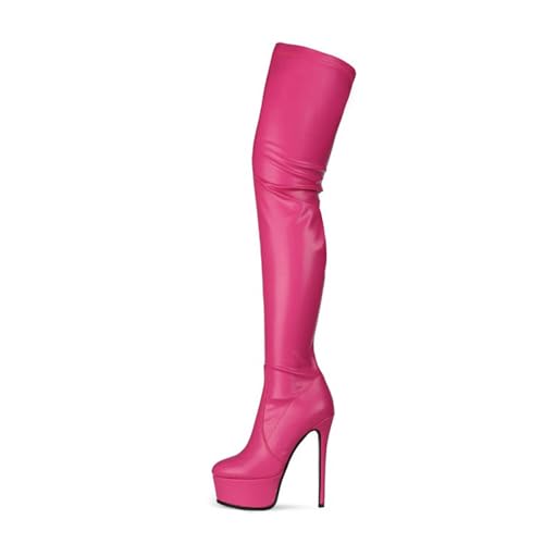 BAIRUNDA Overknee Stiefel Für Damen, Hohe Damenstiefel Einfarbig Stilettos, Hohe Absätze Dicker Boden Wasserplattform Lange Stiefel Für Modenschau, Party, 15cm/5.90inch, 38 EU, Rose von BAIRUNDA