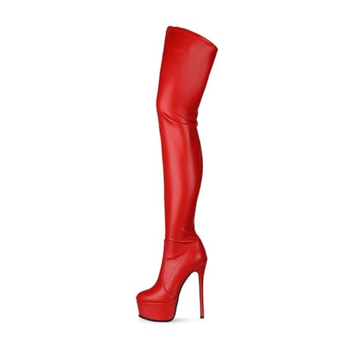 BAIRUNDA Overknee Stiefel Für Damen, Hohe Damenstiefel Einfarbig Stilettos, Hohe Absätze Dicker Boden Wasserplattform Lange Stiefel Für Modenschau, Party, 15cm/5.90inch, 42 EU, Red von BAIRUNDA