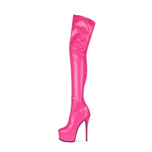 BAIRUNDA Overknee Stiefel Für Damen, Hohe Damenstiefel Mit Reißverschluss Hinten Stilettos Hohe Absätze Dicker Boden Wasserplattform Lange Stiefel Für Modenschau, Party, 15cm/5.90inch, 36 EU, Rose von BAIRUNDA