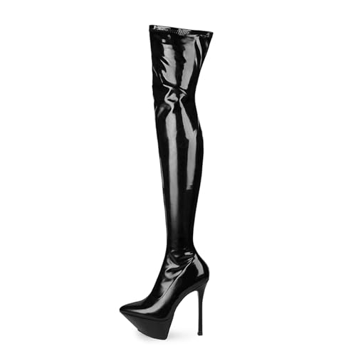 BAIRUNDA Overknee Stiefel Für Damen, Hohe Stiefel Große Größe Spitze Zehen, Stilettos Hohe Absätze Dicker Boden Wasserplattform Lange Stiefel Für Modenschau, Party, 15cm/5.90inch, 39 EU,Black von BAIRUNDA