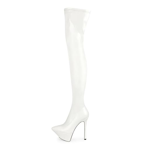 BAIRUNDA Overknee Stiefel Für Damen, Hohe Stiefel Große Größe Spitze Zehen, Stilettos Hohe Absätze Dicker Boden Wasserplattform Lange Stiefel Für Modenschau, Party, 15cm/5.90inch, 45 EU,White von BAIRUNDA