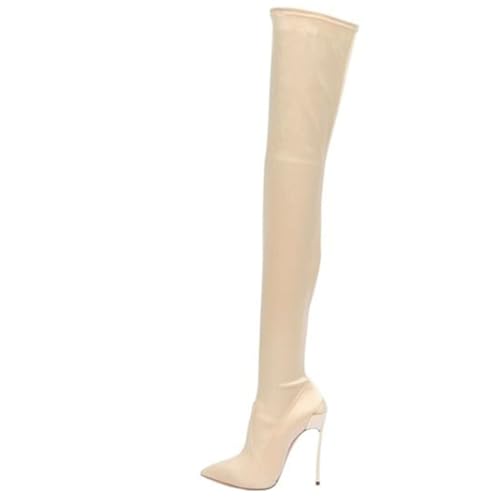 BAIRUNDA Overknee Stiefel Für Damen, Samt Stretchstiefel Einfarbig Hohe Damenstiefel Stilettos Hohe Absätze Spitze Zehenärmel Lange Stiefel, 12cm/4.72 Inch, 37 EU, Beige von BAIRUNDA