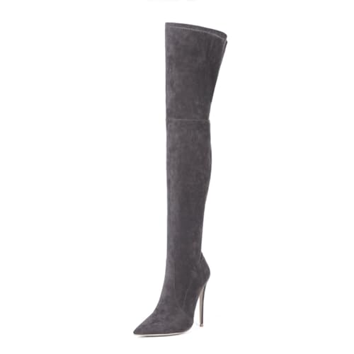 BAIRUNDA Overknee Stiefel Für Damen, Samt Stretchstiefel Hohe Damenstiefel, Stilettos Hohe Absätze Seitlicher Reißverschluss Spitze Zehen Lange Stiefel, 12cm/4.72 Inch, 36 EU, Gray von BAIRUNDA