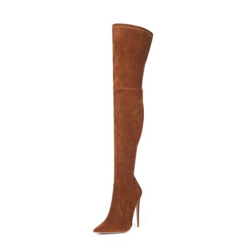 BAIRUNDA Overknee Stiefel Für Damen, Samt Stretchstiefel Hohe Damenstiefel, Stilettos Hohe Absätze Seitlicher Reißverschluss Spitze Zehen Lange Stiefel, 12cm/4.72 Inch, 37 EU, Brown von BAIRUNDA