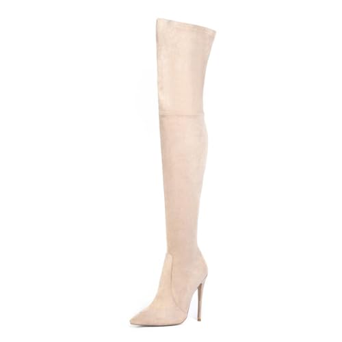 BAIRUNDA Overknee Stiefel Für Damen, Samt Stretchstiefel Hohe Damenstiefel, Stilettos Hohe Absätze Seitlicher Reißverschluss Spitze Zehen Lange Stiefel, 12cm/4.72 Inch, 38 EU, Beige pink von BAIRUNDA