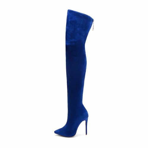 BAIRUNDA Overknee Stiefel Für Damen, Samt Stretchstiefel Hohe Damenstiefel Mit Seitlichem Reißverschluss Stilettos Hohe Absätze Spitze Zehen, Lange Stiefel, 12cm/4.72 Inch, 35 EU,Blue von BAIRUNDA