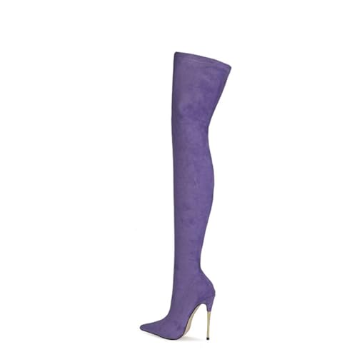 BAIRUNDA Overknee Stiefel Für Damen, Samt Stretchstiefel Stilettos Hohe Absätze Spitze Zehenärmel Lange Stiefel, 10 Cm/3.93inch, 36 EU, Purple von BAIRUNDA