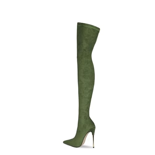 BAIRUNDA Overknee Stiefel Für Damen, Samt Stretchstiefel Stilettos Hohe Absätze Spitze Zehenärmel Lange Stiefel, 10 Cm/3.93inch, 37 EU, Green von BAIRUNDA