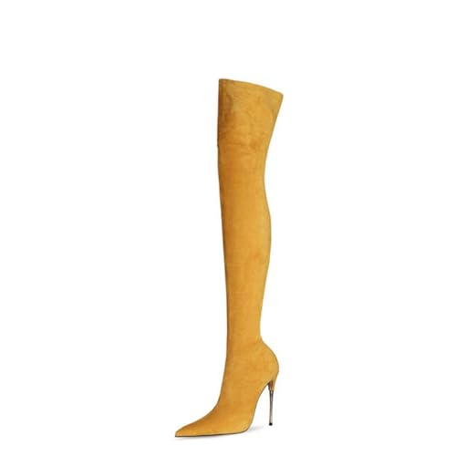 BAIRUNDA Overknee Stiefel Für Damen, Samt Stretchstiefel Stilettos Hohe Absätze Spitze Zehenärmel Lange Stiefel, 10 Cm/3.93inch, 39 EU, Yellow von BAIRUNDA