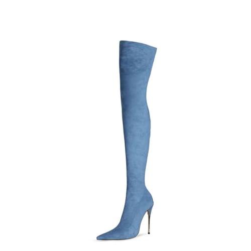 BAIRUNDA Overknee Stiefel Für Damen, Samt Stretchstiefel Stilettos Hohe Absätze Spitze Zehenärmel Lange Stiefel, 10 Cm/3.93inch, 40 EU,Blue von BAIRUNDA