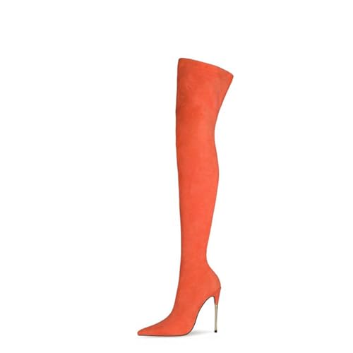 BAIRUNDA Overknee Stiefel Für Damen, Samt Stretchstiefel Stilettos Hohe Absätze Spitze Zehenärmel Lange Stiefel, 10 Cm/3.93inch, 41 EU, Orange von BAIRUNDA