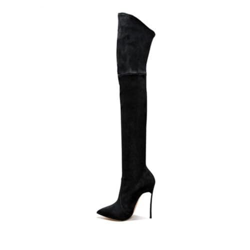 BAIRUNDA Overknee Stiefel Für Damen, Stretch Stiefel Hohe Damen Stiefel Aus Samt Stilettos Hohe Absätze, Seitlicher Reißverschluss Spitze Zehen Lange Stiefel, 12cm/4.72 Inch, 36 EU,Black von BAIRUNDA