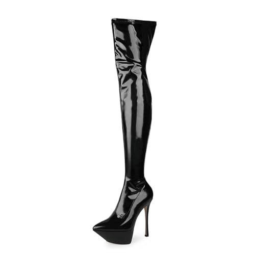 BAIRUNDA Overknee Stiefel Für Damen, Stretch Stiefel Reißverschluss Hinten, Stilettos High Heels Dicker Boden Wasserplattform Lange Stiefel Für Modenschau, Party, 15cm/5.90inch,35 EU,Black von BAIRUNDA