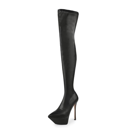 BAIRUNDA Overknee Stiefel Für Damen, Stretch-Stiefel Seitlicher Reißverschluss Stilettos High Heels Dicker Boden Wasserplattform Lange Stiefel Für Modenschau, Party, 15cm/5.90inch, 37 EU,Black von BAIRUNDA