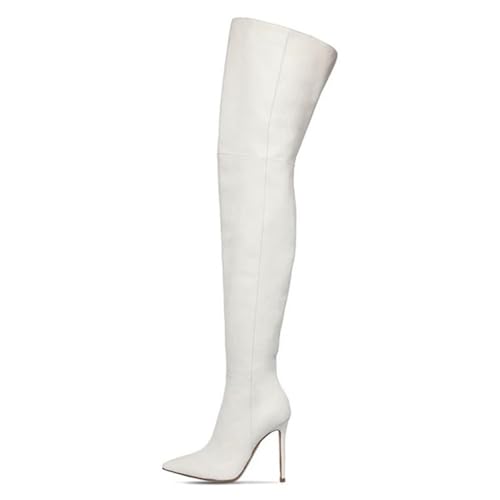 BAIRUNDA Overknee Stiefel Für Damen, Weiß Große Damen-hohe Stiefel, Zum Überziehen Stilettos Hohe Absätze Spitze Zehen Lange Stiefel, 12cm/4.72 Inch, 42 EU,White von BAIRUNDA