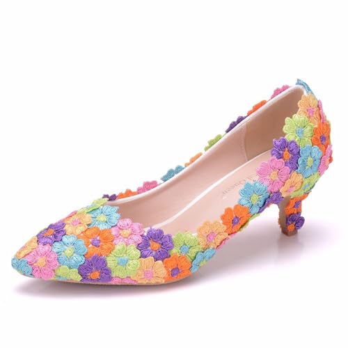 Damen Brautschuhe, 5 cm Farbige Spitze Blumen Hochzeitsschuhe, Pumps Mit Flachem Mund Bequeme Slip-On Schuhe Mit Spitzer Zehenpartie Und Niedrigem Absatz,34 EU,Color von BAIRUNDA