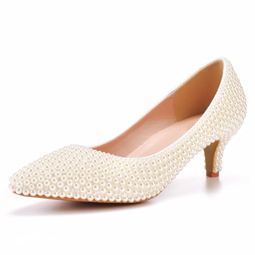 Damen Brautschuhe, 5 cm Perlen High-Heels, Pumps Mit Flachem Mund Hochzeitsfoto Kleid Bequeme Dünne Absätze Spitze Zehen, Bankett Schuhe Mit Niedrigem Absatz, 37 EU,Beige von BAIRUNDA