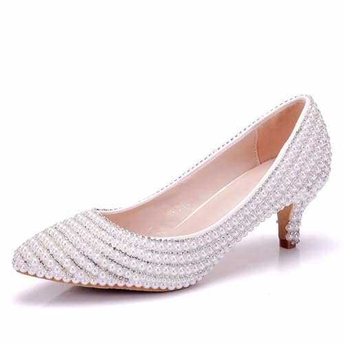 Damen Brautschuhe, 5 cm Perlen Strasssteine Hohe Absätze Flacher Mund Pumps Hochzeitsfoto Kleid Bequeme Schuhe Mit Dünnen Absätzen, 36 EU,White von BAIRUNDA