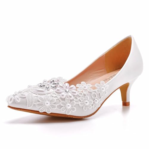 Damen Brautschuhe, 5 cm Spitze Blumen High Heels Flacher Mund, Pumps Hochzeitsfoto Kleid Bequeme Spitze Zehen Bankett-Schuhe Mit Niedrigem Absatz, 43 EU,White von BAIRUNDA