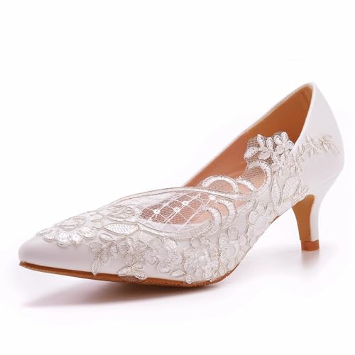 Damen Brautschuhe, 5 cm Spitze Netz Blumen High Heels, Flacher Mund Pumps Hochzeitsfoto Kleid Bequeme Spitze Zehen Bankett-Schuhe Mit Niedrigem Absatz, 37 EU,White von BAIRUNDA