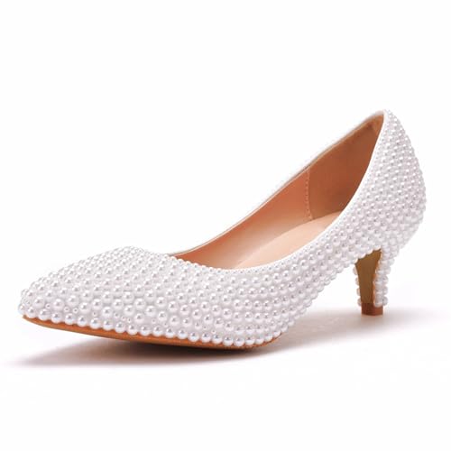 Damen Brautschuhe, 5 cm Weiße Perlen High-Heels, Flacher Mund Pumps Hochzeits Fotokleid Bequeme Spitze Zehen Bankett-Schuhe Mit Niedrigem Absatz, 40 EU,White von BAIRUNDA