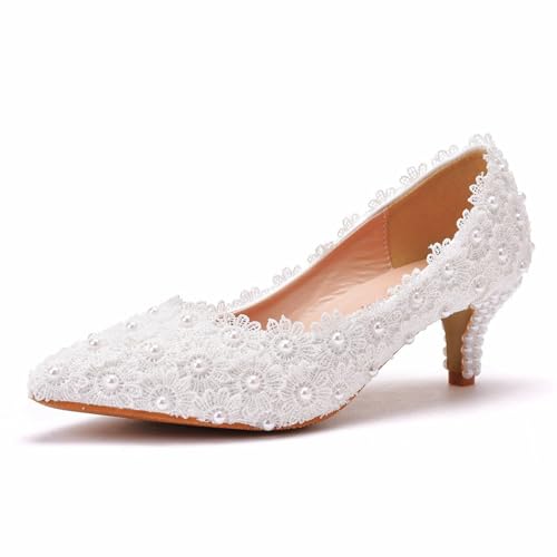 Damen Brautschuhe, 5 cm Weiße Spitze Blumen High-Heels, Flacher Mund Pumps Hochzeitsfoto Kleid Bequeme Dünne Absätze, Freizeitschuhe, 37 EU,White von BAIRUNDA