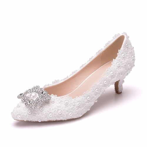 Damen High Heels, 5 cm Weiße Quadratische Schnalle Strass Spitze, Perlen Flacher Mund Pumps Bequeme Slip-on Schuhe Mit Spitzem Zehenbereich Und Niedrigem Absatz, 40 EU,White von BAIRUNDA