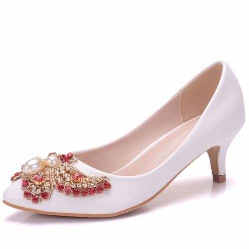 Damen High Heels, 5 cm Weiße Schuhe Mit Flachem Mund Schleife Strass Pumps, Bequeme Slip-On Schuhe Mit Spitzem Zehenbereich Und Niedrigem Absatz, 37 EU,White von BAIRUNDA