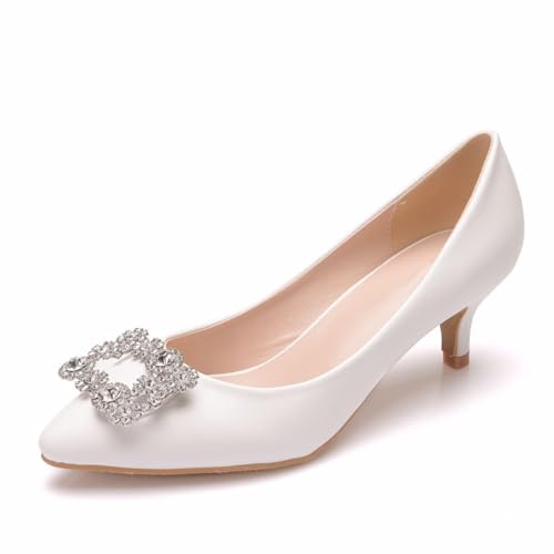 Damen High Heels, 5 cm Weiße Spitze Zehen Strasssteine, Flacher Mund Pumps Bequeme Freizeitschuhe Mit Niedrigem Absatz, 35 EU,White von BAIRUNDA