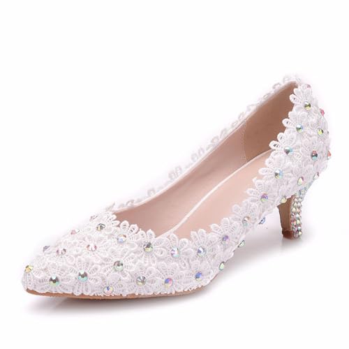 Damen High Heels, 5 cm Weiße Spitzen Blumen Hochzeitskleid-Schuhe, Flacher Mund Bequeme Slip-on Freizeitschuhe Mit Niedrigem Absatz, 35 EU,White von BAIRUNDA