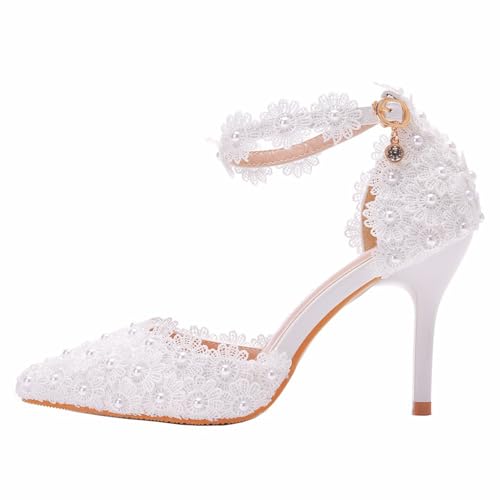 Damen High Heels, 9 cm Pumps Weiße Braut Brautjungfer Hochzeitskleid Bequeme Sandalen Mit Flachem Mund Spitze Blumen Party Foto, Geschenk Für Erwachsene, 42 EU,White von BAIRUNDA