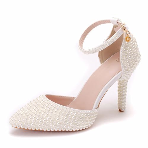 Damen High Heels, 9 cm Weiße Perlen Pumps Braut Und Brautjungfern Hochzeitskleid Bequeme Bankett Sandalen Mit Flachem Mund Und Dünnen Absätzen, 35 EU,Beige von BAIRUNDA