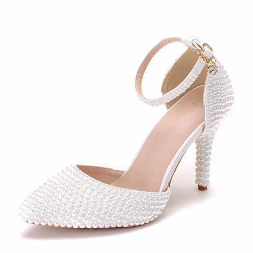 Damen High Heels, 9 cm Weiße Perlen Pumps Braut Und Brautjungfern Hochzeitskleid Bequeme Bankett Sandalen Mit Flachem Mund Und Dünnen Absätzen, 39 EU,White von BAIRUNDA