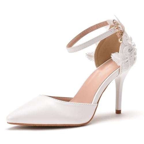 Damen High Heels, 9 cm Weiße Pumps Braut Brautjungfer Hochzeitskleid Bequem Flacher Mund Dünne Absätze Sandalen, Spitze Blumen Auto Show Schuhe, 37 EU,White von BAIRUNDA