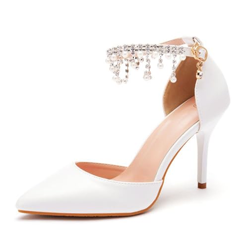 Damen High Heels, 9 cm Weiße Pumps Braut Brautjungfer Hochzeitskleid Bequeme Quastenperlen Dünne Absätze Spitze Zehen Bankett Sandalen, 37 EU,White von BAIRUNDA