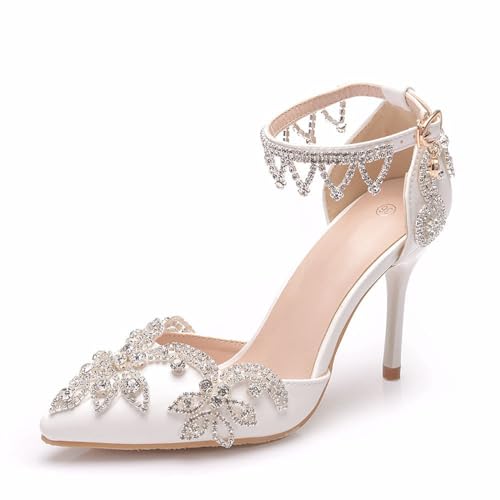 Damen High Heels, 9 cm Weiße Sandalen Pumps Braut Brautjungfer, Hochzeitskleid Strasssteine Bequeme Dünne Absätze Spitze Zehen Party, Bankett, Erwachsene, Geschenk, 39 EU,White von BAIRUNDA