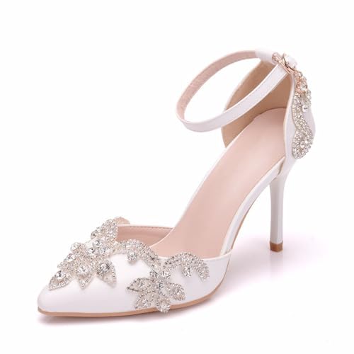 Damen High Heels, 9 cm Weiße Strass Pumps Braut Brautjungfer, Hochzeitskleid Bequeme Bankett Sandalen Mit Flachem Mund Und Dünnen Absätzen, 37 EU,White von BAIRUNDA