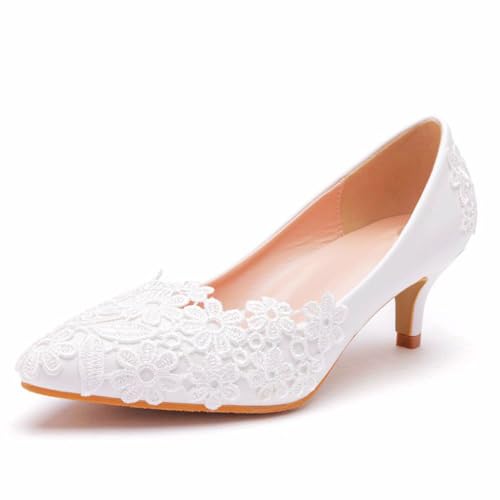 Damen High Heels, Weiße Braut Brautjunfer Kleiderschuhe, Bequem Flacher Mund Spitze Blumen Hochzeitsfeier Foto Niedrige Absätze, Freizeitschuhe, Geschenk Für Erwachsene, 36 EU,White von BAIRUNDA