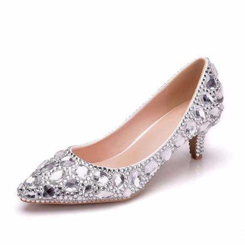 Damen Hochzeitsschuhe, 5 cm, Silberne Strasssteine Flacher Mund Brautschuhe Pumps Bequeme Slip-On Schuhe Mit Spitzer Zehenpartie, Bankett-Abendschuhe, 37 EU, Silver von BAIRUNDA