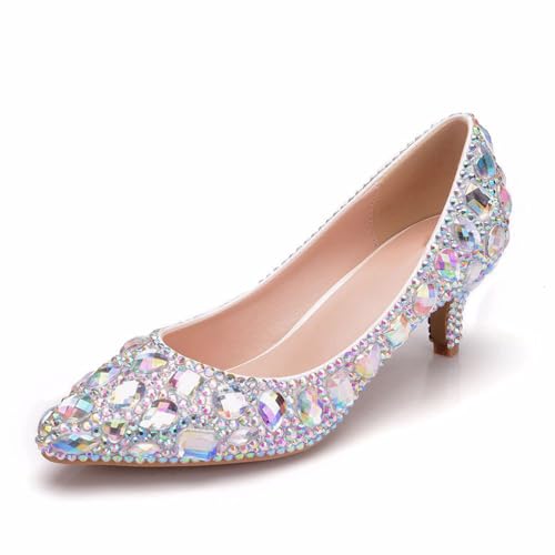 Damen Hochzeitsschuhe, 5 cm, Silberne Strasssteine Flacher Mund Brautschuhe Pumps Bequeme Slip-On Schuhe Mit Spitzer Zehenpartie, Bankett-Abendschuhe, 37 EU,Color von BAIRUNDA