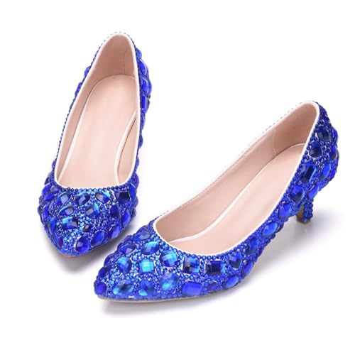 Damen Hochzeitsschuhe, 5 cm Bunte Strasssteine Flacher Mund, Brautschuhe Pumps Bequeme Slip-on Bankettschuhe Mit Spitzer Zehenpartie, 36 EU,Blue von BAIRUNDA