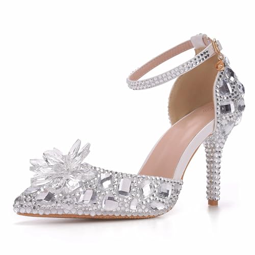 Damen Hochzeitsschuhe, 9 cm Silberfarben Spitze Zehen Hohle Sandalen Pumps Braut Brautjungfernkleid Strasssteine Dünne Absätze, Bequemes Bankett, Party, 40 EU,Silver von BAIRUNDA