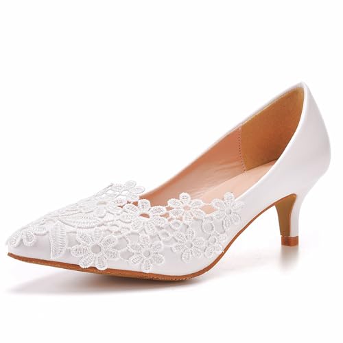 Damen Pumps, Weiße Brautkleid Schuhe Bequem Flacher Mund Spitze, Blume Niedriger Absatz Hochzeitsfeier Foto Freizeitschuhe, Geschenk Für Erwachsene, 42 EU,White von BAIRUNDA