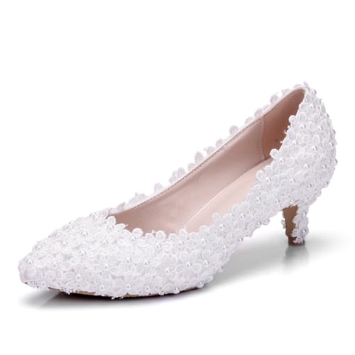 Hochzeitsschuhe Für Damen, 5 cm Weiße Spitze Blumen High Heels, Brautschuhe Pumps Mit Flachem Mund Bequeme Slip-on Kleiderschuhe Mit Niedrigem Absatz, 38 EU,White von BAIRUNDA