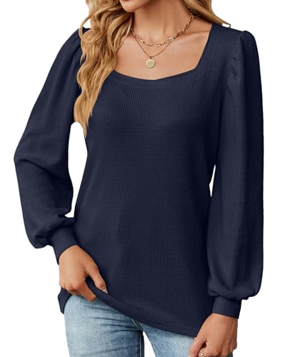 BAISHENGGT Anna Im Bug Pullover Damen Elegant Karree Ausschnitt Langarmshirt Einfarbig Texturierter Falten Tops T Shirts Bluse Oberteile Blau L von BAISHENGGT