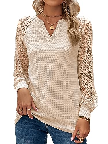 BAISHENGGT Baronin Tunika Damen V Ausschnitt T Shirt Raglan Spitzenärmel Bluse Shirts Lässige Elegante Streetwear Langarm Oberteil Tops Beige S von BAISHENGGT